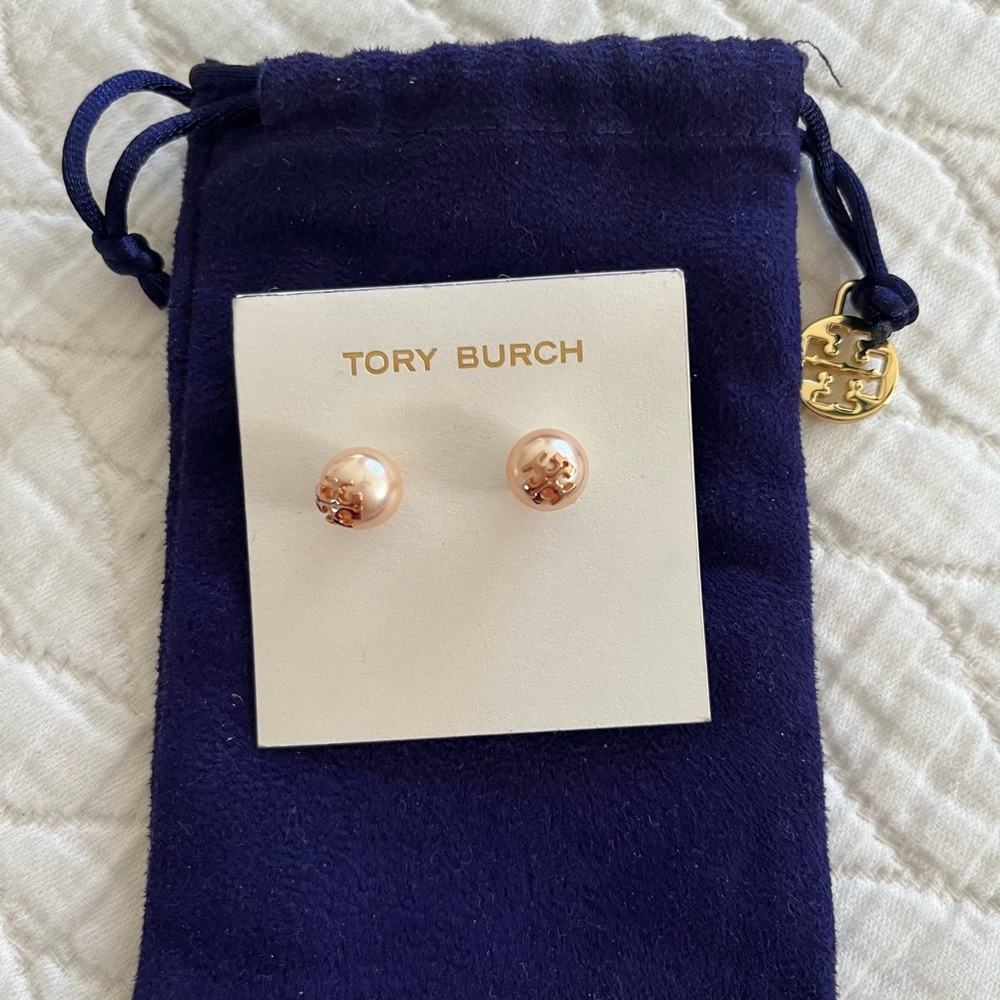 Tory Burch Miller Rose Gold and Pearl Stud Earrings